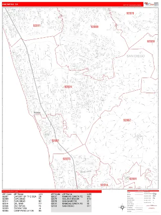 Encinitas, CA RedLine style ZIP Code wall map