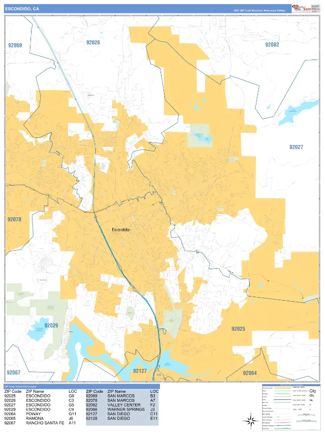 Escondido, CA ZIP Code Wall Map, Business Reference style