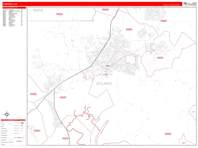 Fairfield, CA ZIP Code Wall Map, RedLine style