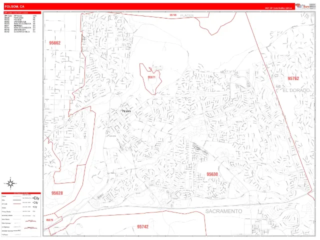 Folsom, CA ZIP Code Wall Map, RedLine style