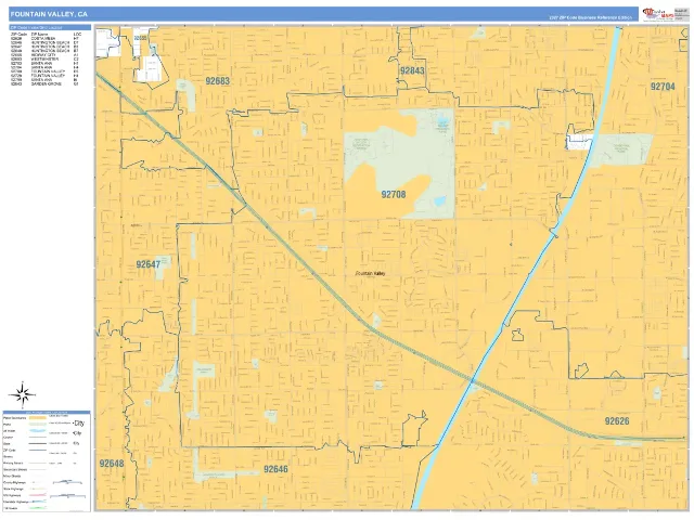 Fountain Valley, CA ZIP Code Wall Map, Business Reference style