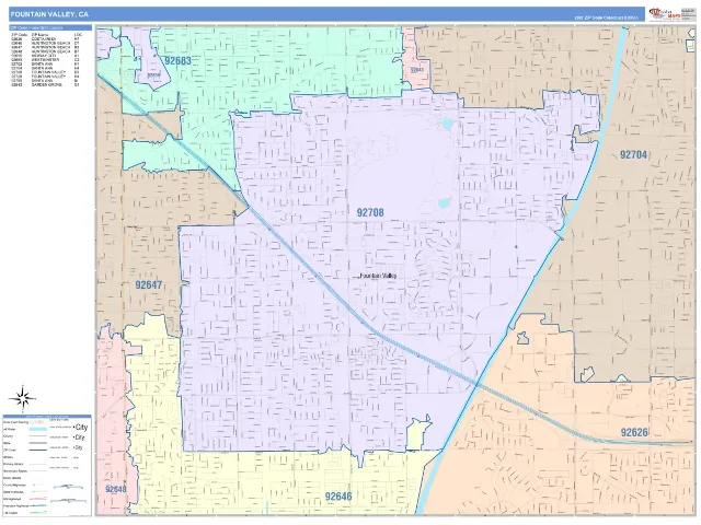 Fountain Valley, CA ZIP Code Wall Map, ColorCast style