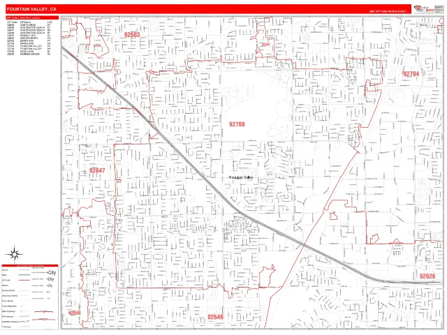 Fountain Valley, CA ZIP Code Wall Map, RedLine style