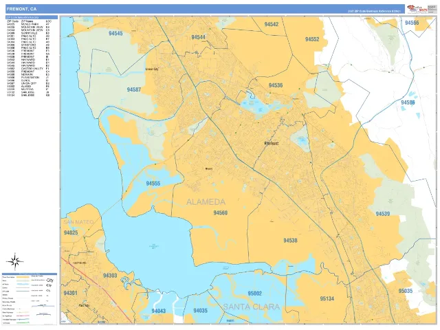 Fremont, CA ZIP Code Wall Map, Business Reference style
