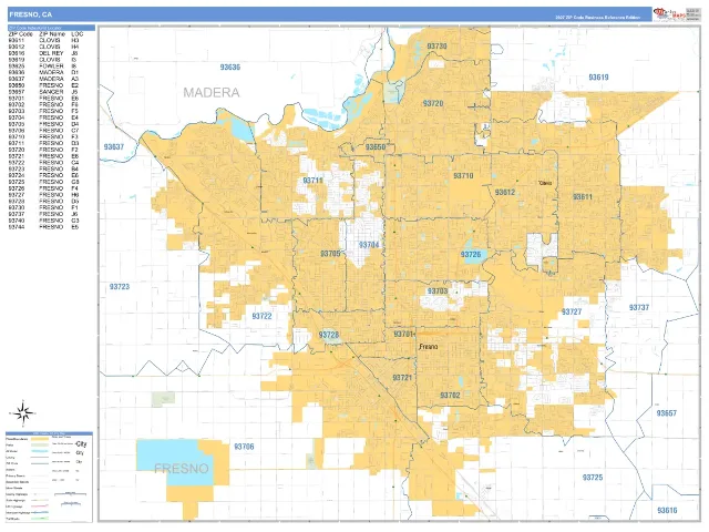 Fresno, CA ZIP Code Wall Map, Business Reference style