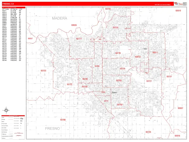 Fresno, CA ZIP Code Wall Map, RedLine style