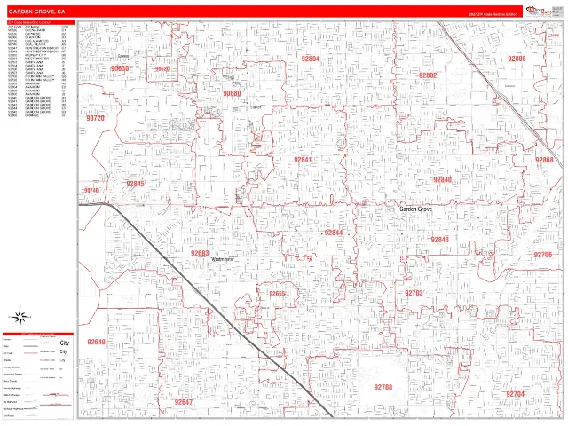 Garden Grove, CA ZIP Code Wall Map, RedLine style