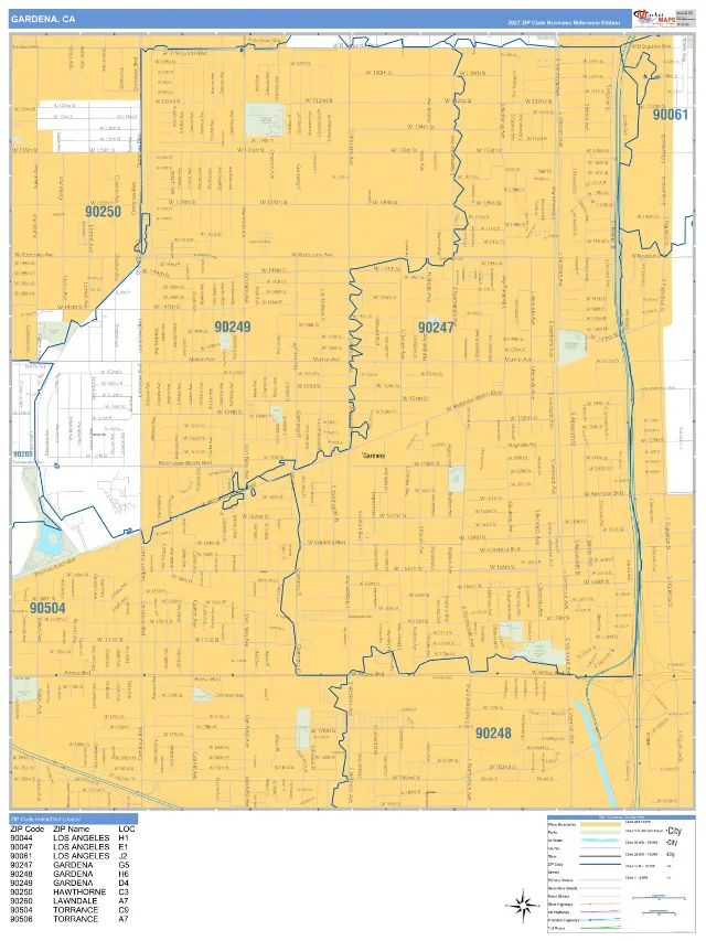 Gardena, CA ZIP Code Wall Map, Business Reference style