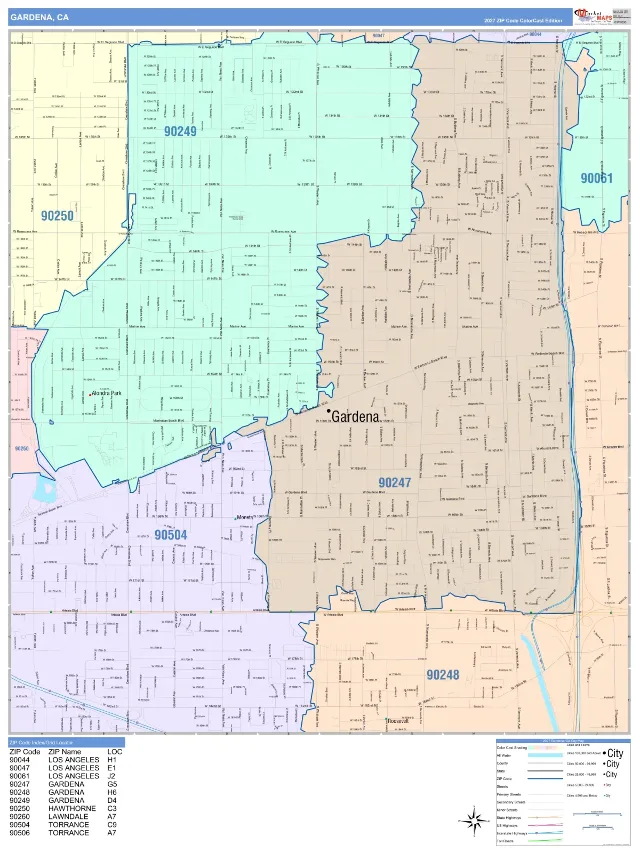 Gardena, CA ZIP Code Wall Map, ColorCast style