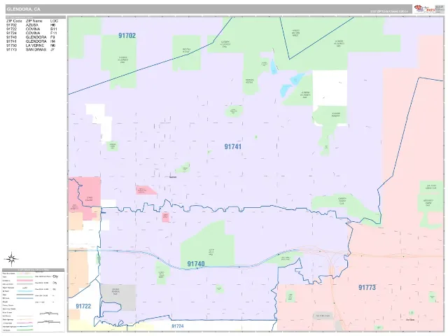 Glendora, CA ZIP Code Wall Map, Classic style