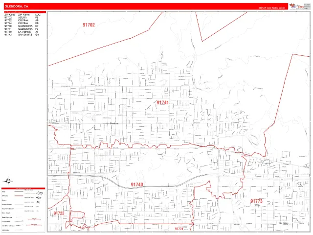Glendora, CA ZIP Code Wall Map, RedLine style