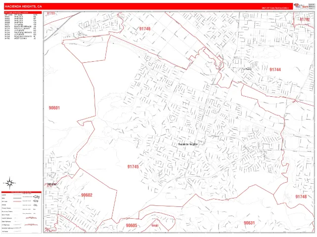 Hacienda Heights, CA ZIP Code Wall Map, RedLine style