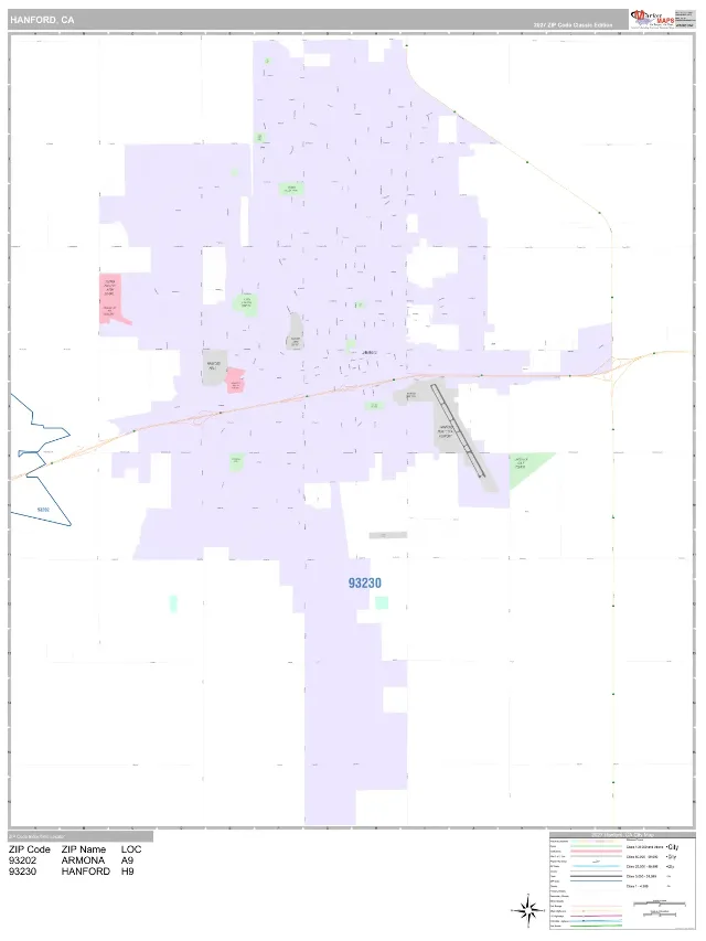 Hanford, CA ZIP Code Wall Map, Classic style