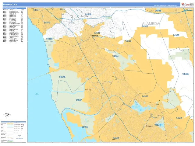 Hayward, CA ZIP Code Wall Map, Business Reference style