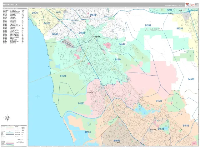 Hayward, CA ZIP Code Wall Map, Classic style