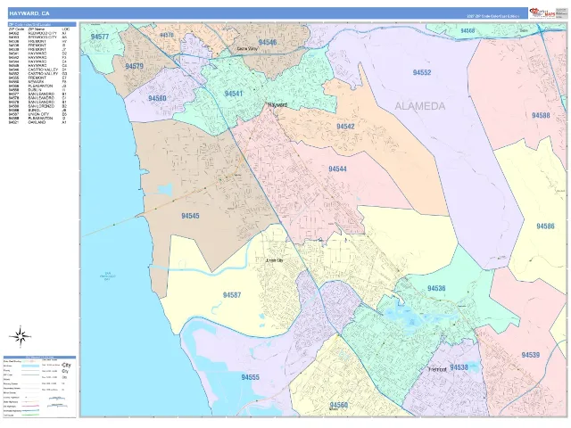 Hayward, CA ZIP Code Wall Map, ColorCast style