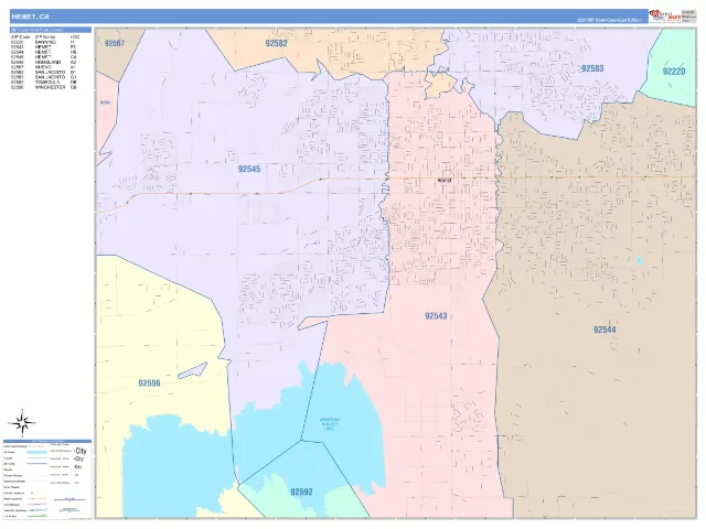 Hemet, CA ZIP Code Wall Map, ColorCast style