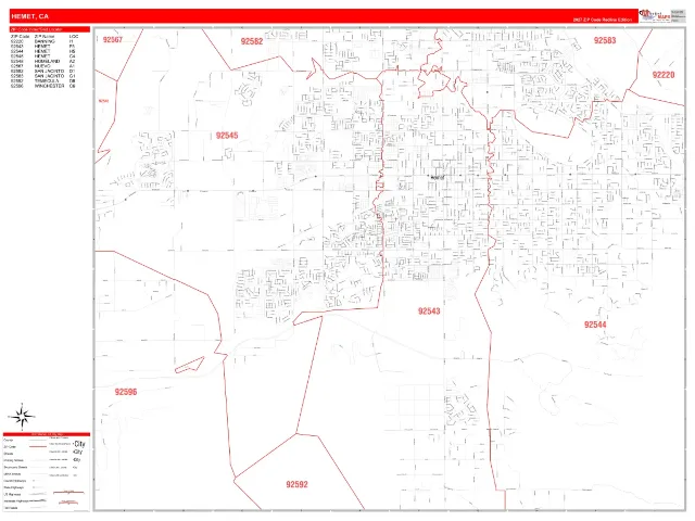 Hemet, CA ZIP Code Wall Map, RedLine style