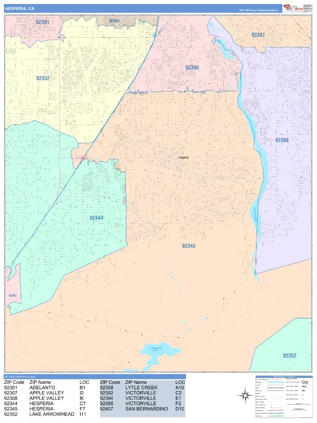 Hesperia, CA ZIP Code Wall Map, ColorCast style