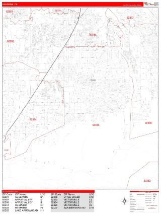 Hesperia, CA RedLine style ZIP Code wall map