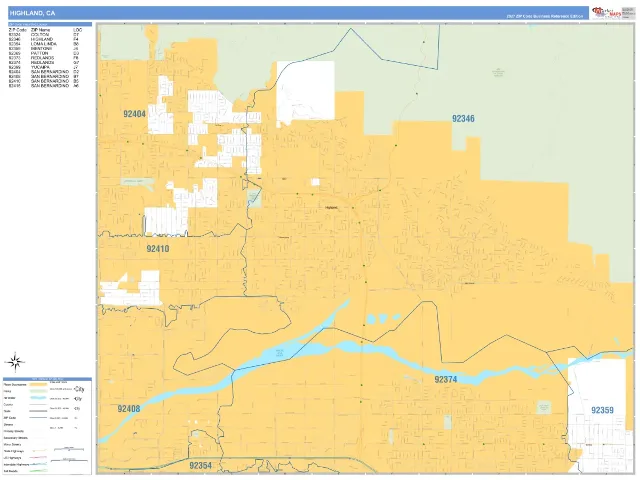Highland, CA ZIP Code Wall Map, Business Reference style