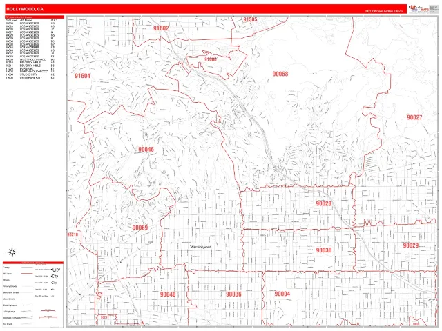Hollywood, CA ZIP Code Wall Map, RedLine style