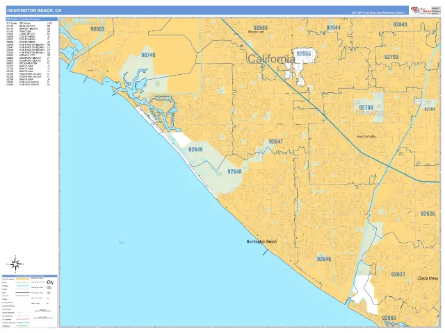 Huntington Beach, CA ZIP Code Wall Map, Business Reference style