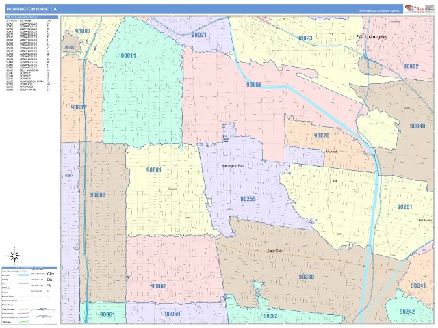 Huntington Park, CA ZIP Code Wall Map, ColorCast style