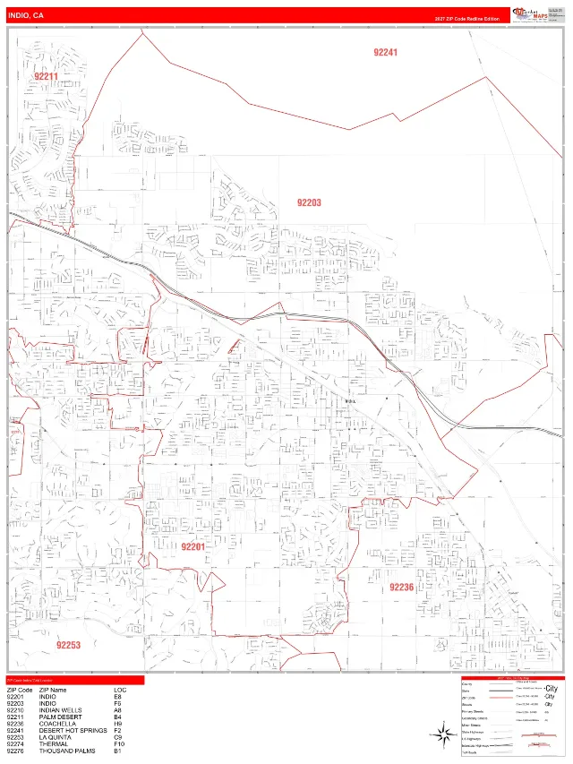 Indio, CA ZIP Code Wall Map, RedLine style