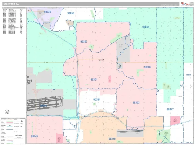 Inglewood, CA ZIP Code Wall Map, Classic style