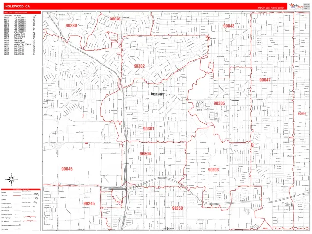 Inglewood, CA ZIP Code Wall Map, RedLine style