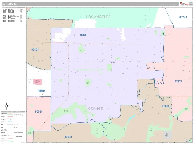 La Habra, CA ZIP Code Wall Map, Classic style