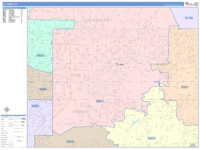 La Habra, CA ZIP Code Wall Map, ColorCast style