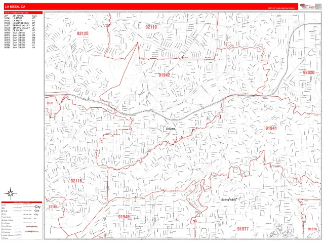 La Mesa, CA ZIP Code Wall Map, RedLine style