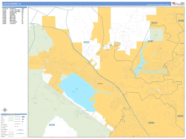 Lake Elsinore, CA ZIP Code Wall Map, Business Reference style