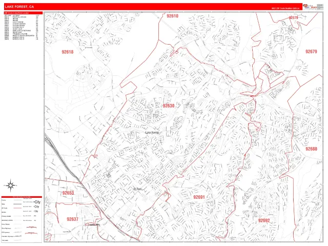 Lake Forest, CA ZIP Code Wall Map, RedLine style