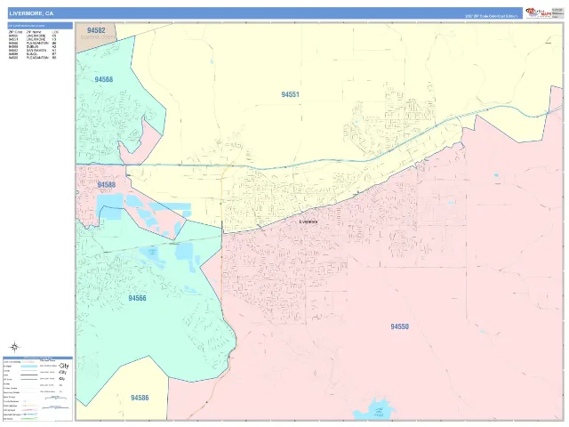Livermore, CA ZIP Code Wall Map, ColorCast style