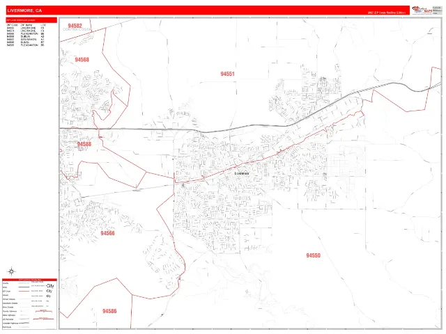 Livermore, CA ZIP Code Wall Map, RedLine style