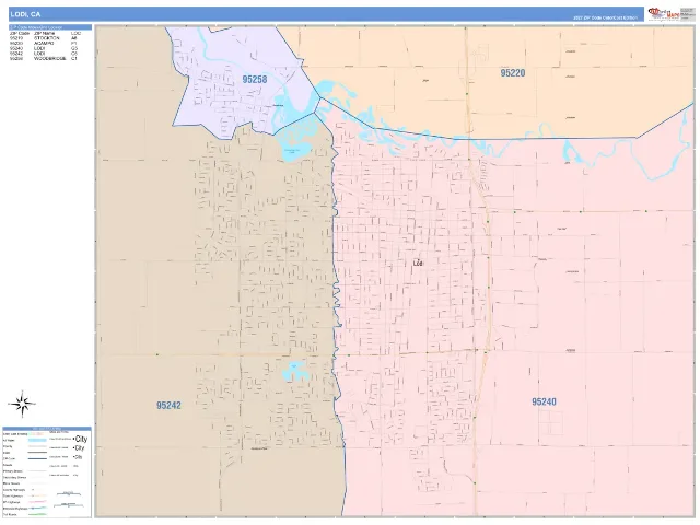Lodi, CA ZIP Code Wall Map, ColorCast style