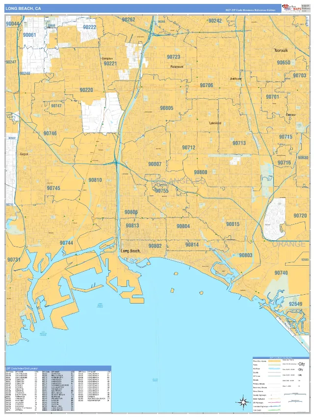 Long Beach, CA ZIP Code Wall Map, Business Reference style