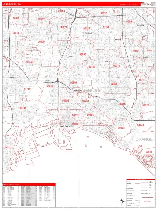 Long Beach, CA RedLine style ZIP Code wall map
