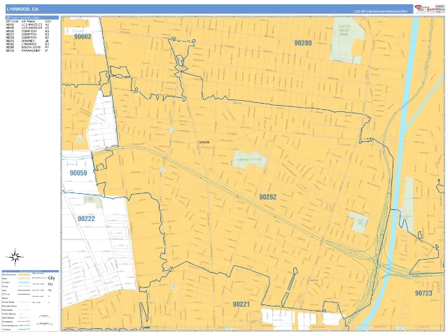 Lynwood, CA ZIP Code Wall Map, Business Reference style