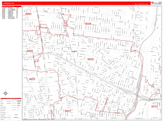 Lynwood, CA ZIP Code Wall Map, RedLine style
