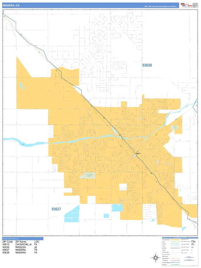 Madera, CA ZIP Code Wall Map, Business Reference style