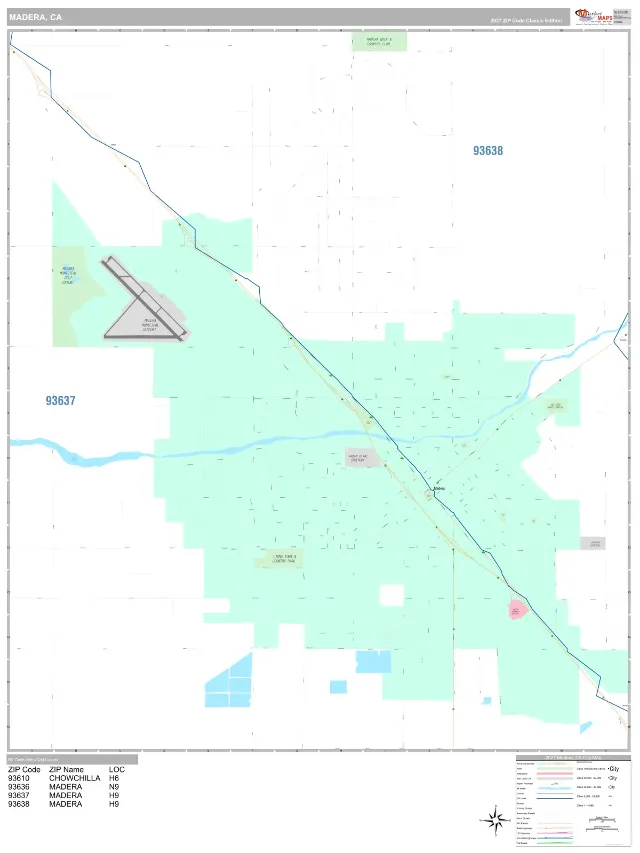 Madera, CA ZIP Code Wall Map, Classic style