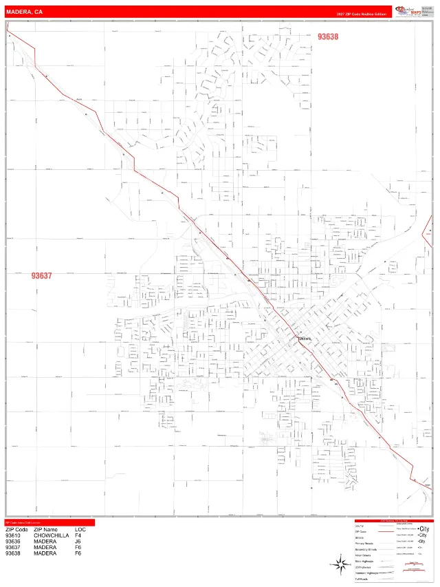 Madera, CA ZIP Code Wall Map, RedLine style