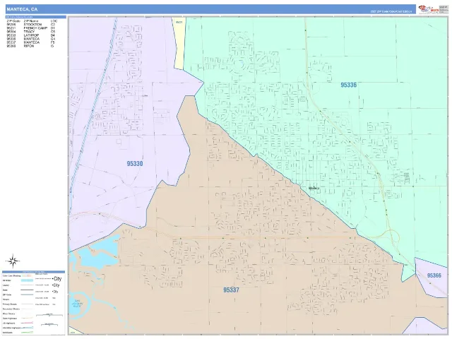 Manteca, CA ZIP Code Wall Map, ColorCast style