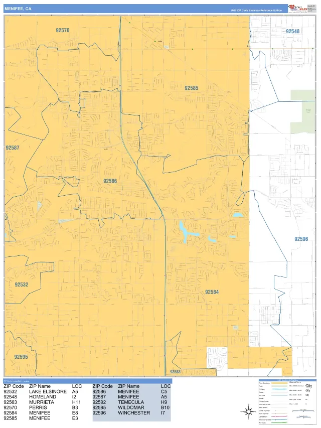 Menifee, CA ZIP Code Wall Map, Business Reference style