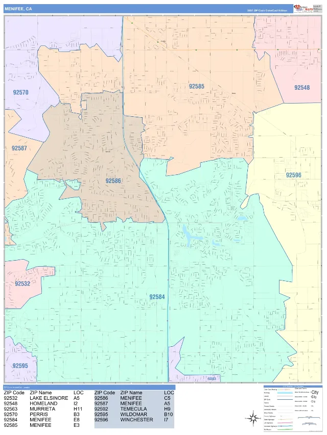 Menifee, CA ZIP Code Wall Map, ColorCast style