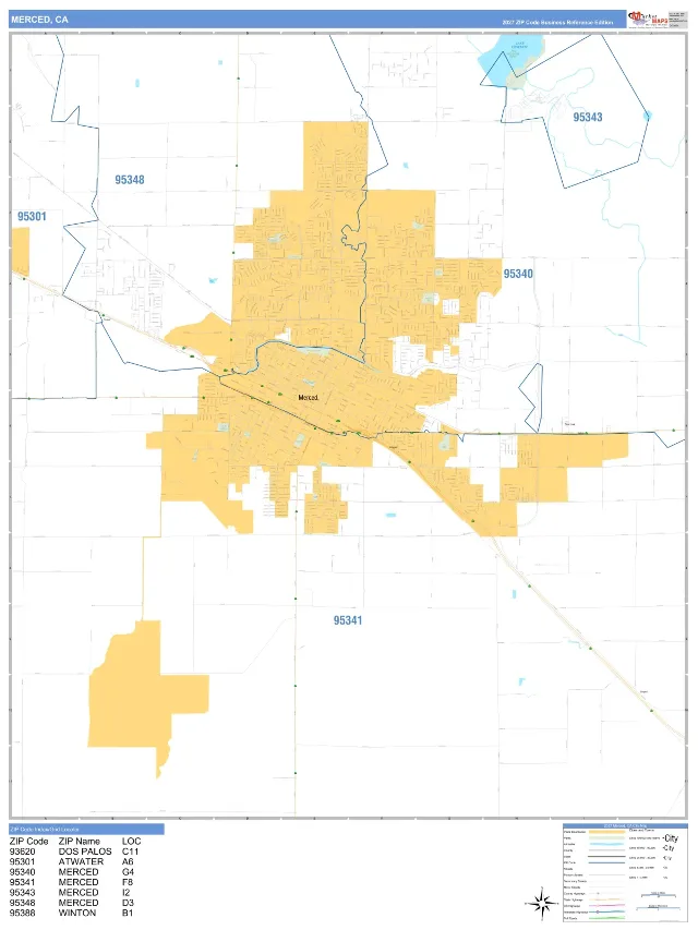 Merced, CA ZIP Code Wall Map, Business Reference style